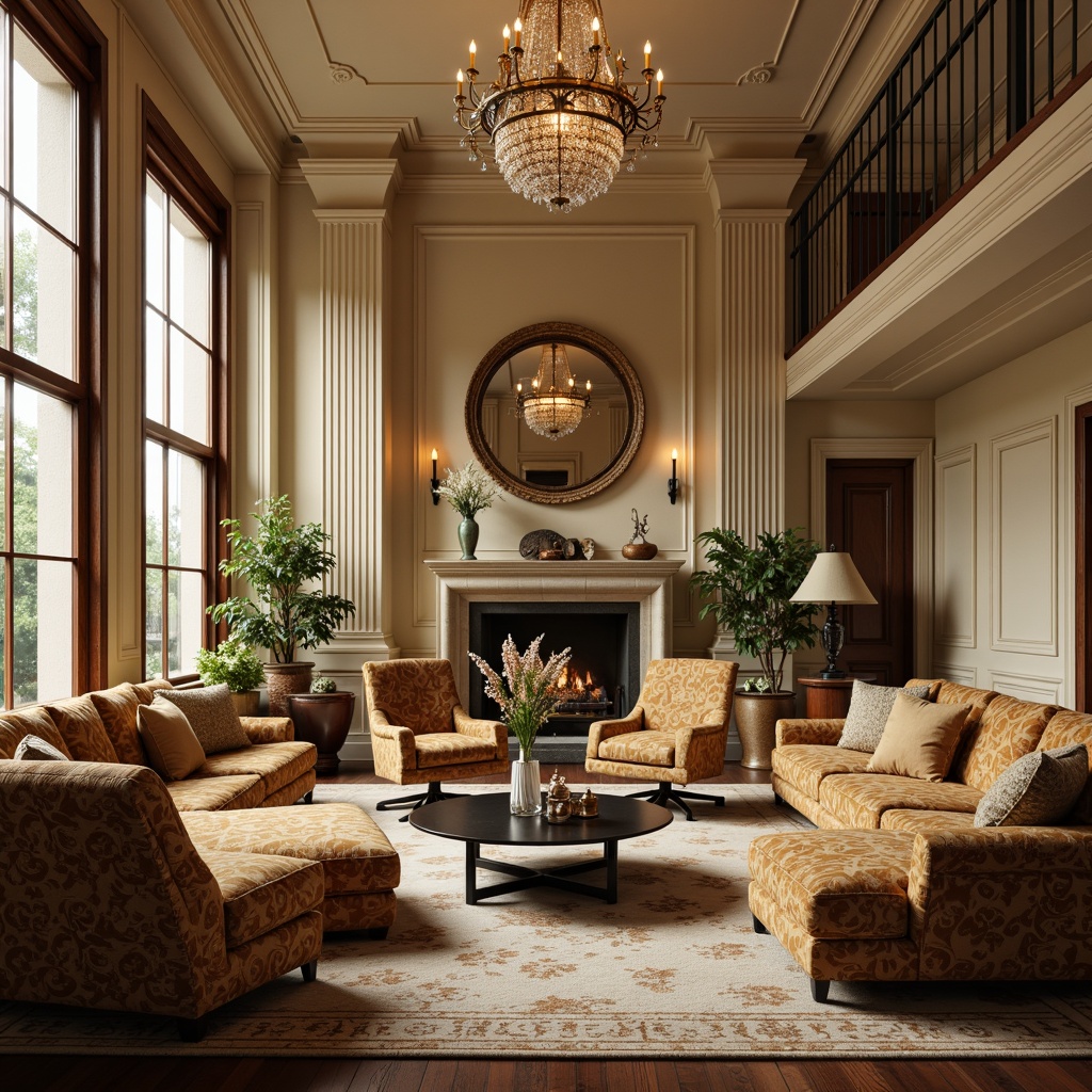 Prompt: Cozy family room, neoclassical furnishings, rich velvet fabrics, intricate golden patterns, ornate wooden furniture, comfortable plush sofas, elegant crystal chandeliers, warm beige walls, soft cream-colored carpets, decorative moldings, classic columns, subtle natural lighting, 1/1 composition, shallow depth of field, realistic textures, ambient occlusion.