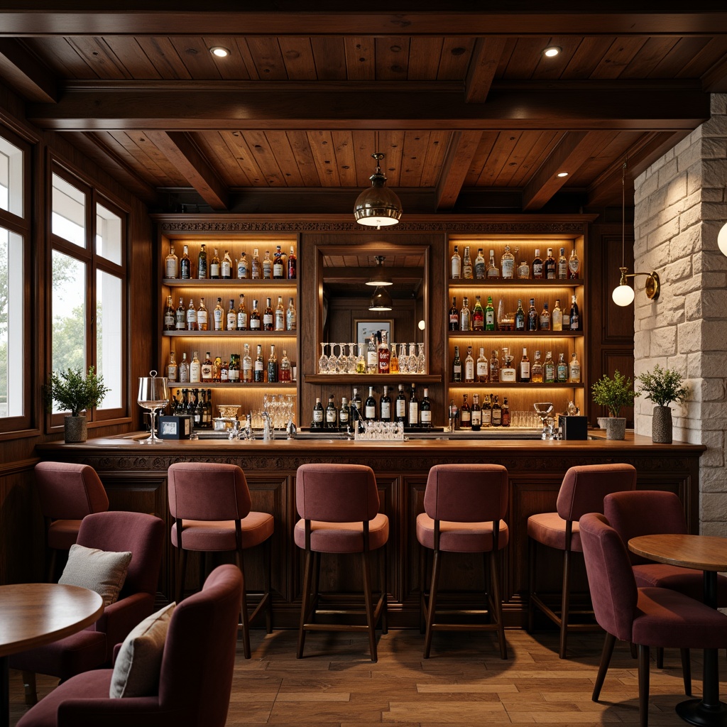 Prompt: Elegant wooden bar counter, rich walnut tones, ornate carvings, vintage metal fixtures, soft warm lighting, plush velvet stools, classic cocktails, antique glassware, rustic stone walls, distressed wood accents, comfortable seating areas, intimate atmosphere, shallow depth of field, 1/1 composition, realistic textures, ambient occlusion.