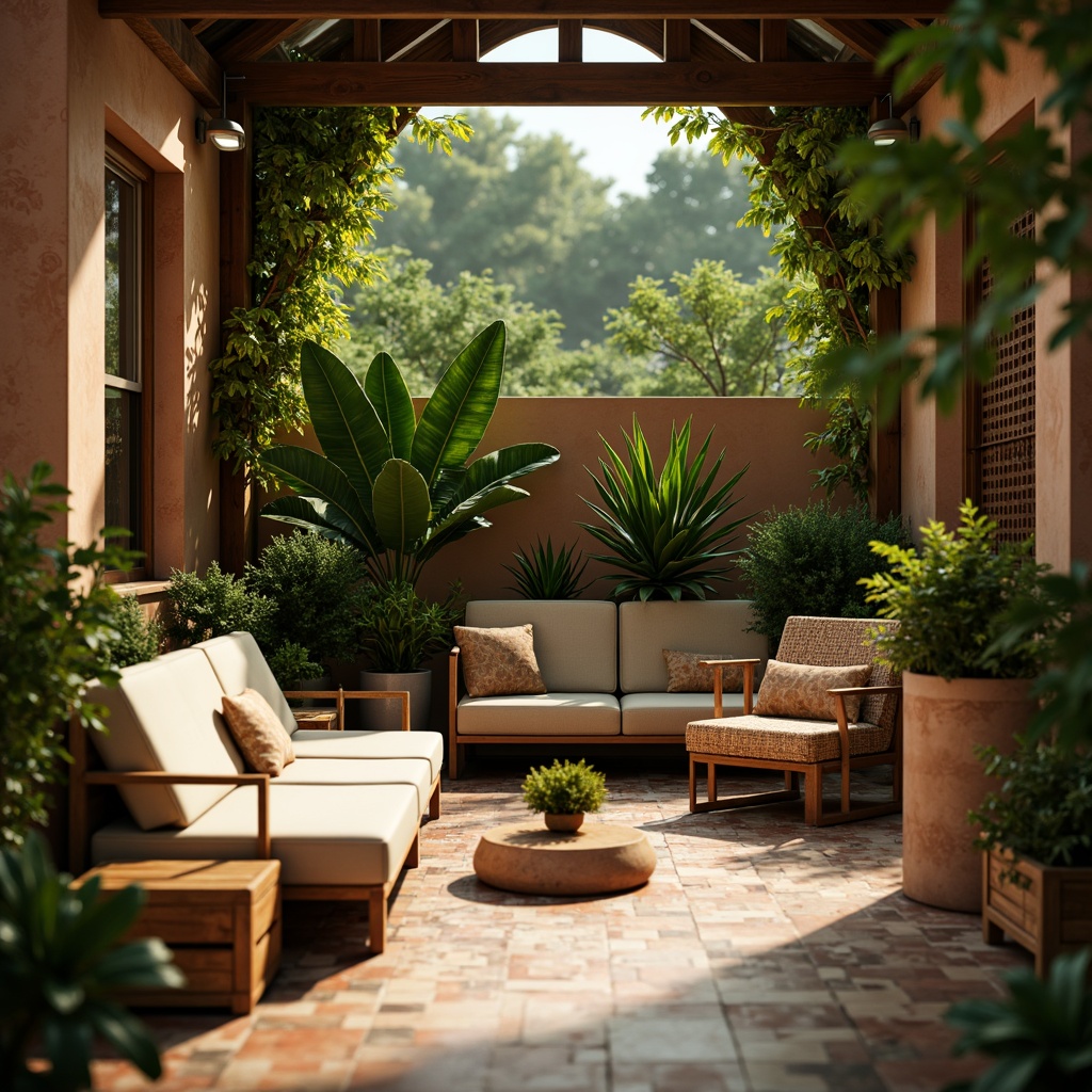 Prompt: Vibrant tropical plants, exotic wood accents, natural rattan furniture, woven bamboo textures, earthy terracotta flooring, rustic wooden crates, colorful ceramic tiles, ornate metalwork details, latticework screens, woven wicker baskets, ambient warm lighting, shallow depth of field, 1/1 composition, realistic renderings, soft focus effect.