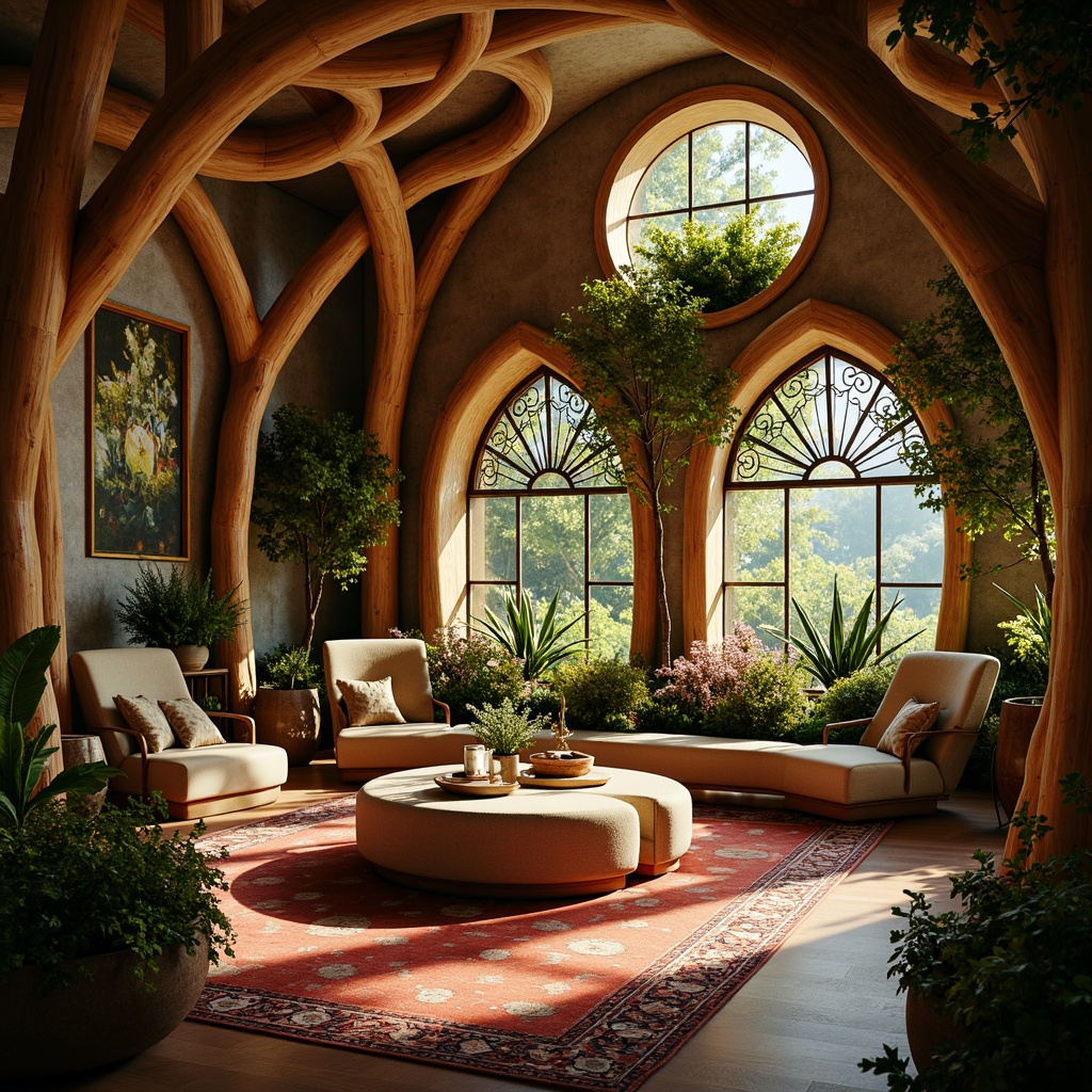 Prompt: Organic architecture, flowing curves, sinuous lines, ornate decorations, botanical motifs, stained glass windows, intricate ironwork, elegant archways, luxurious materials, velvet fabrics, polished woods, warm golden lighting, soft focus, shallow depth of field, 2/3 composition, atmospheric perspective, vivid colors, whimsical patterns.