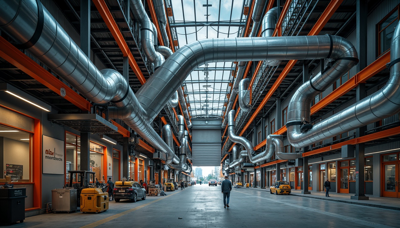 Prompt: Exposed ductwork, industrial pipes, metallic structures, functional machinery, concrete floors, steel beams, warehouse ambiance, modern distribution center, expressionist architecture, bold geometric shapes, vibrant color accents, abstract patterns, urban cityscape, cloudy overcast sky, dramatic lighting, high contrast shadows, 1/2 composition, low-angle shot, cinematic mood, realistic textures, ambient occlusion.