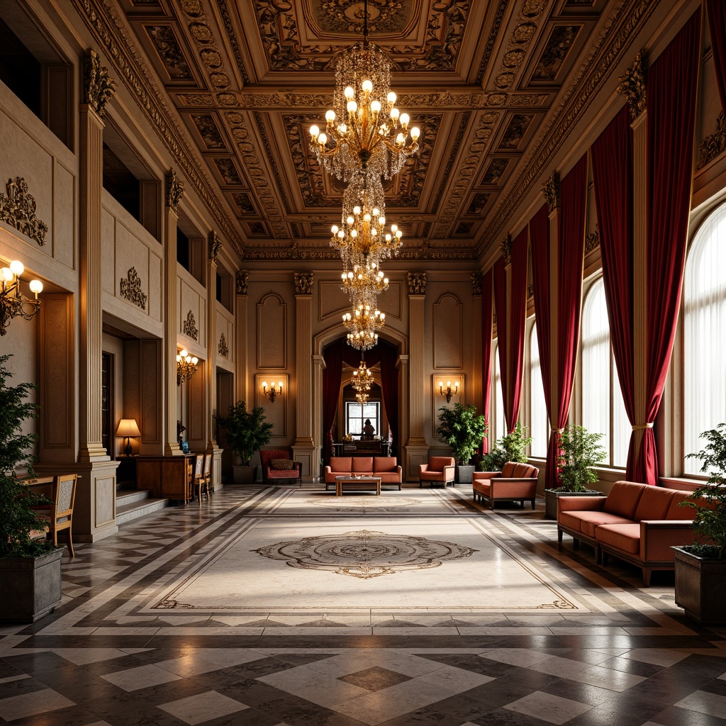 Prompt: Grandiose Renaissance-style palace, ornate furnishings, lavish chandeliers, rich velvet drapes, intricate marble floors, gilded ceilings, symmetrical spatial layout, harmonious proportions, majestic columns, carved wooden paneling, elegant archways, refined textiles, subtle warm lighting, shallow depth of field, 1/1 composition, realistic reflections, ambient occlusion.