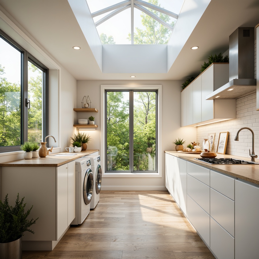 Prompt: Bright laundry room, large skylight windows, soft warm lighting, gentle color palette, minimalist decor, sleek appliances, white cabinets, polished chrome fixtures, light wood flooring, airy feel, greenery views, natural stone countertops, task lighting, under-cabinet lights, LED strips, reflective surfaces, 3/4 composition, shallow depth of field, panoramic view, realistic textures.