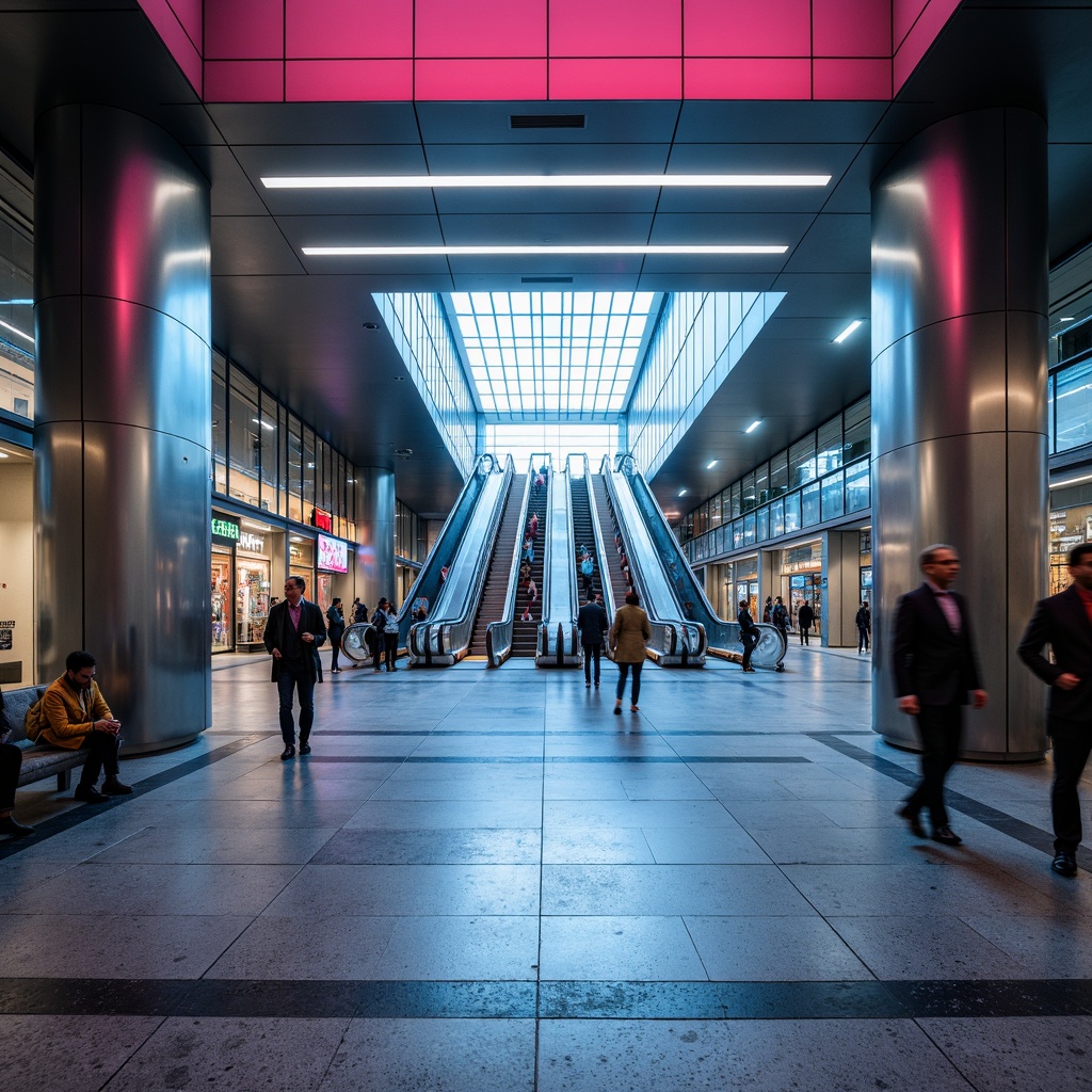 Prompt: Polished concrete floors, modern metro stations, sleek steel columns, futuristic escalators, vibrant LED lighting, geometric patterned tiles, high-traffic durability, slip-resistant surfaces, minimalist aesthetic, urban cityscapes, bustling crowds, dynamic energy, shallow depth of field, 1/2 composition, wide-angle lens, realistic reflections, ambient occlusion.