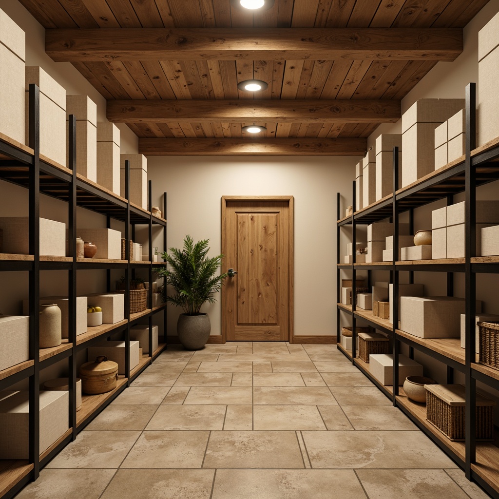 Prompt: Cozy storage room, warm beige walls, rustic wooden shelves, industrial metal racks, soft cream-colored accents, earthy brown tones, natural stone flooring, matte black metal frames, subtle gradient lighting, shallow depth of field, 1/2 composition, realistic textures, ambient occlusion.