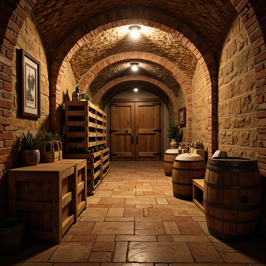 Prompt: Rustic wine cellar, stone walls, brick arches, wooden barrels, dim lighting, earthy aroma, natural stone floors, terracotta tiles, wooden crates, vintage wine bottles, metal wine racks, old oak doors, rich wood textures, warm golden lighting, shallow depth of field, 1/1 composition, realistic reflections, ambient occlusion.