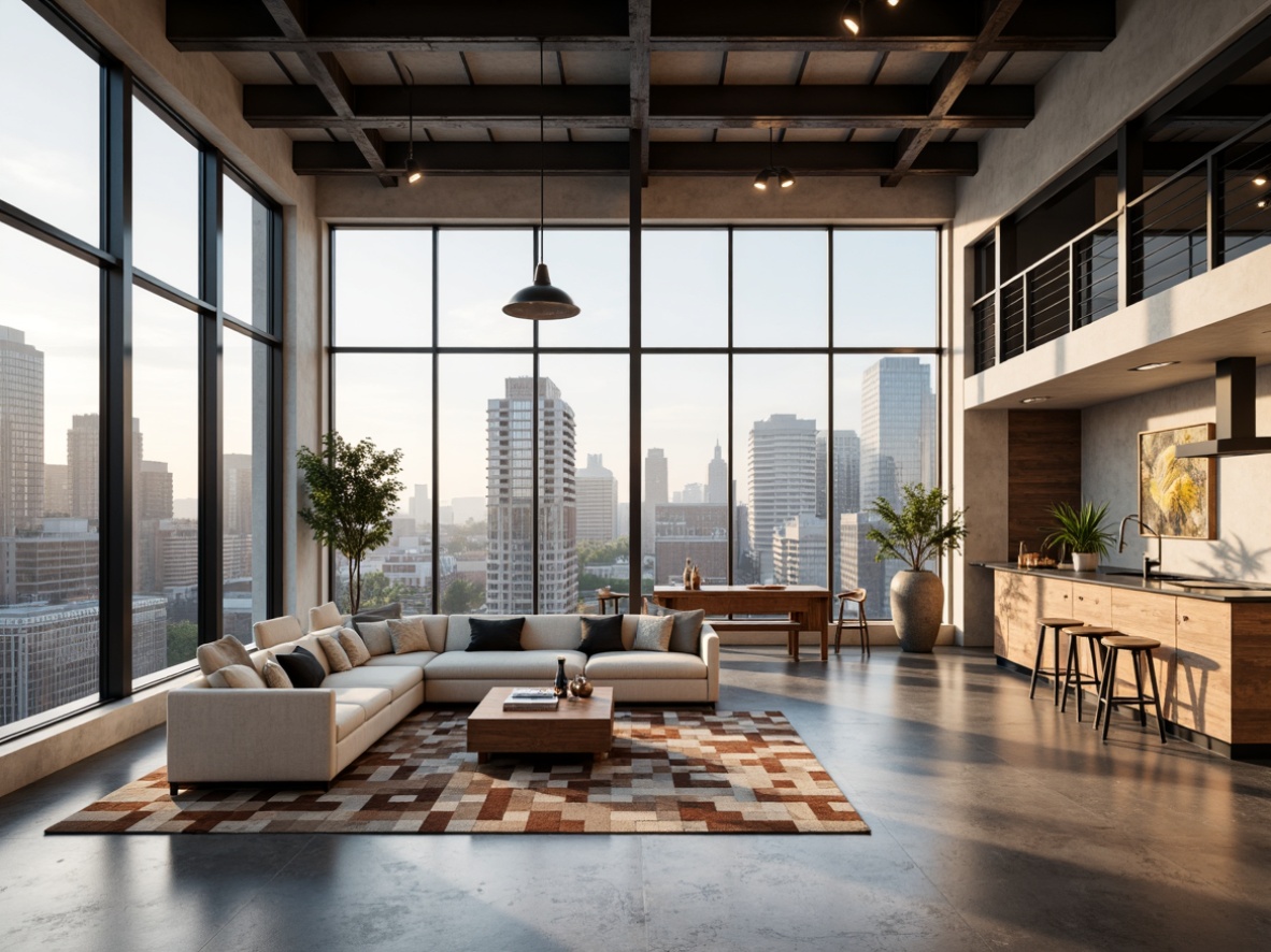 Prompt: Minimalist loft interior, open-plan living area, high ceilings, industrial metal beams, polished concrete floors, modern minimalist furniture, sleek low-profile sofas, geometric patterned rugs, floor-to-ceiling windows, urban city views, soft warm lighting, shallow depth of field, 3/4 composition, realistic textures, ambient occlusion, natural material palette, reclaimed wood accents, black metal frames, industrial-chic decor, airy atmosphere, plenty of negative space.