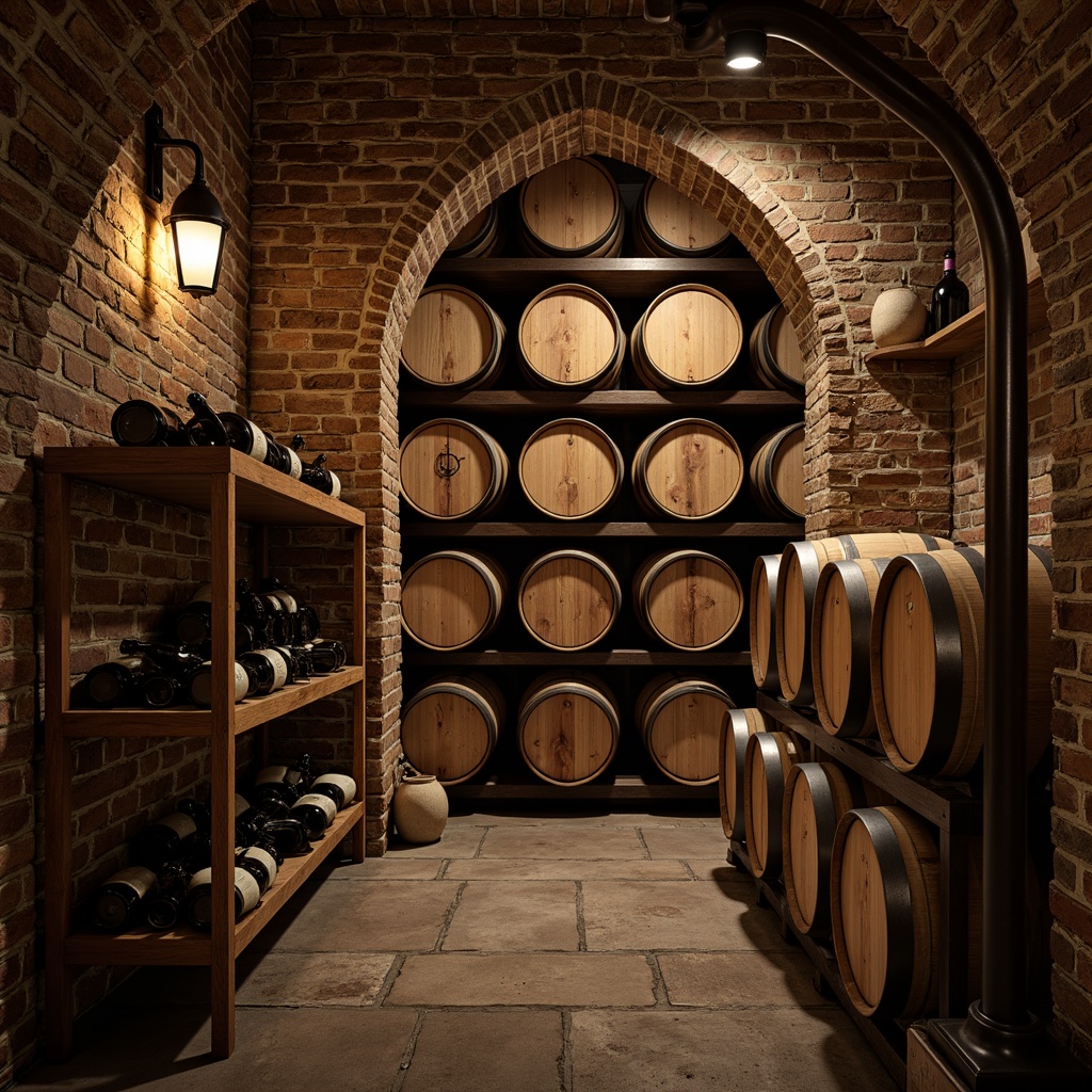 Prompt: Rustic wine cellar, wooden storage racks, aged wooden barrels, dimly lit ambiance, stone walls, brick archways, traditional French oak wood, ornate metalwork, intricate carvings, rich dark stains, warm soft lighting, shallow depth of field, 1/2 composition, realistic textures, ambient occlusion.