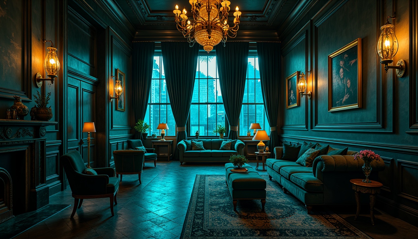 Prompt: Dark cyan interiors, mysterious ambiance, rich turquoise hues, luxurious velvet fabrics, metallic accents, ornate decorative patterns, vintage industrial lighting fixtures, reclaimed wood furniture, moody atmospheric shadows, dramatic high ceilings, grandiose chandeliers, sophisticated wall textures, deep jewel-toned colors, lavish furnishings, opulent drapery, intricate architectural details, cinematic lighting effects, 1/1 composition, low-key illumination, realistic reflections.