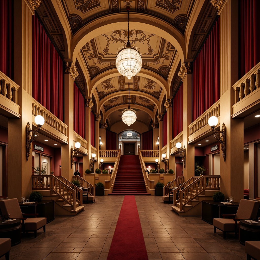 Prompt: Grandiose cinema interior, ornate columns, neoclassical arches, luxurious velvet curtains, golden accents, intricate moldings, high ceilings, dramatic chandeliers, red carpet, elegant staircases, marble floors, symmetrical composition, warm soft lighting, cinematic atmosphere, 1/1 aspect ratio, shallow depth of field, realistic textures.