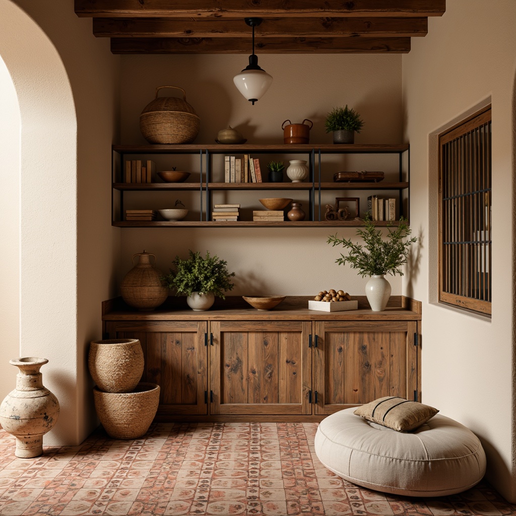 Prompt: Transitional storage room, warm beige walls, rich wood tones, ornate tile patterns, geometric shapes, earthy color palette, soft natural lighting, minimalist decor, industrial chic metal accents, reclaimed wood shelving units, woven baskets, vintage decorative items, distressed finishes, cozy textiles, Moroccan-inspired motifs, warm terracotta flooring, 1/1 composition, shallow depth of field, realistic textures.