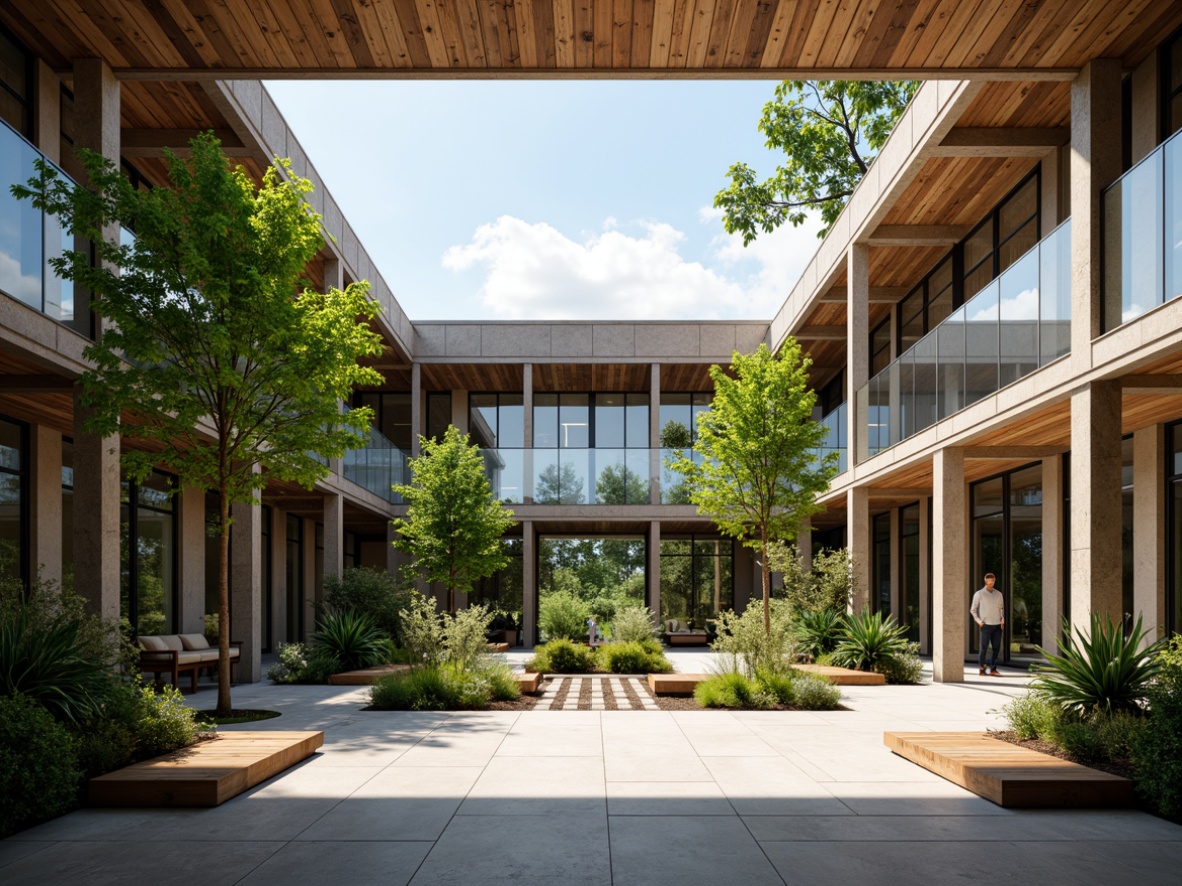 Prompt: Spacious modern building, open-air courtyard, natural ventilation, abundance of greenery, reclaimed wood accents, industrial metal beams, floor-to-ceiling windows, sliding glass doors, minimalist decor, airy atmosphere, warm sunny day, soft diffused lighting, shallow depth of field, 3/4 composition, panoramic view, realistic textures, ambient occlusion.