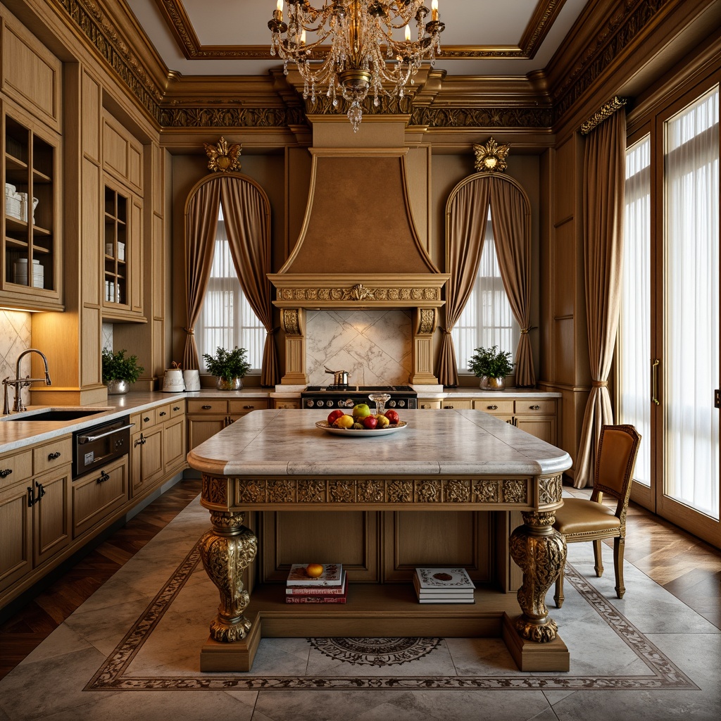 Prompt: Ornate kitchen island, gilded moldings, polished marble countertops, rich wood cabinetry, intricately carved furniture legs, soft golden lighting, ornamental metalware, lavish crystal chandeliers, distressed leather upholstery, warm beige walls, opulent velvet drapes, antique bronze hardware, decorative ceramic tiles, subtle texture variations, warm color palette, 1/2 composition, shallow depth of field, realistic reflections.