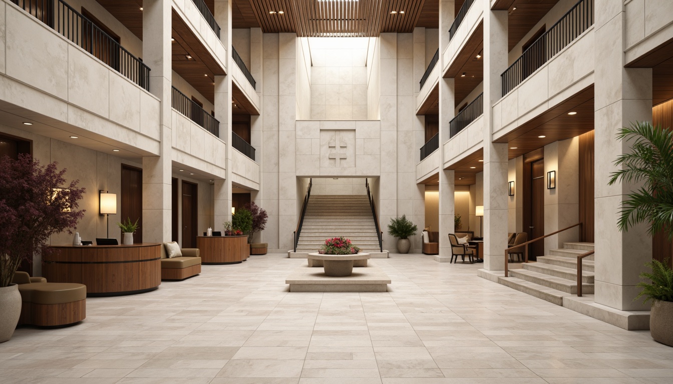 Prompt: Neutral-toned courthouse interior, sleek contemporary design, polished marble floors, rustic wood accents, grand staircase, ornate metal railings, natural stone walls, acoustic ceiling panels, minimalist lighting fixtures, subtle color palette, warm beige tones, cream-colored walls, rich walnut trim, sophisticated furniture pieces, elegant courtrooms, dramatic high ceilings, clerestory windows, soft diffused light, shallow depth of field, 1/1 composition, realistic textures, ambient occlusion.