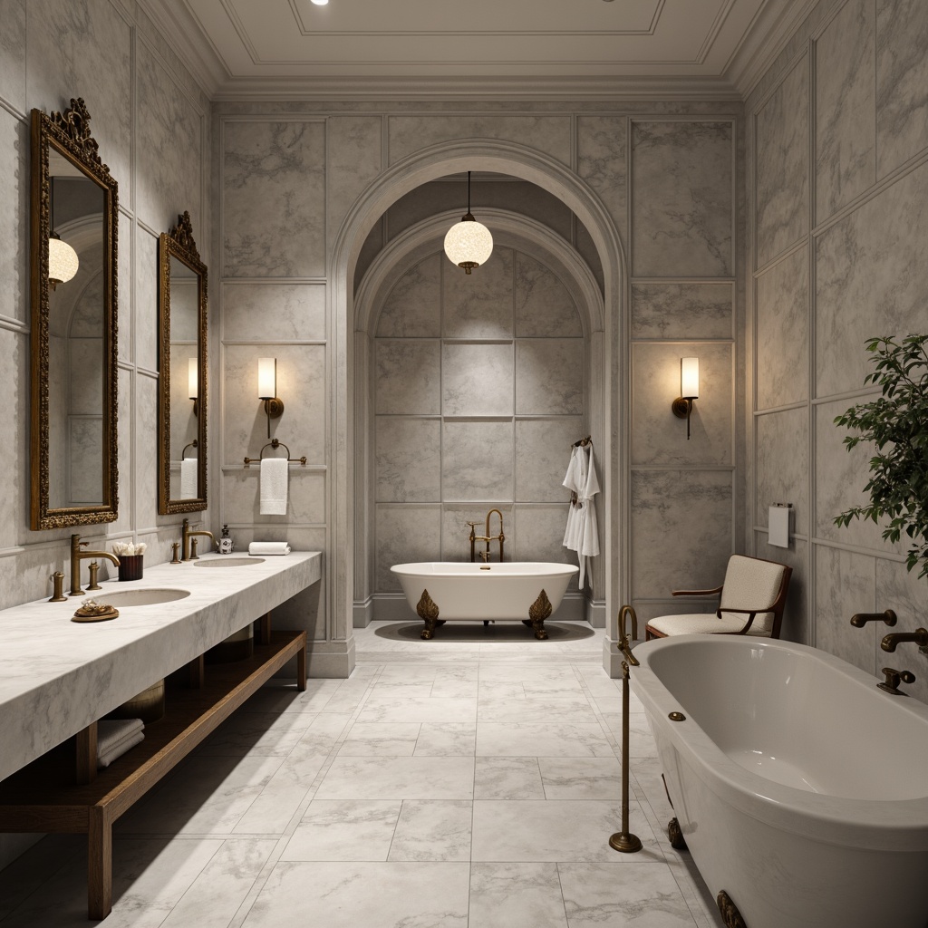 Prompt: Academic bathroom, marble wall finishes, subtle texture patterns, soft grey tones, elegant archways, ornate mirror frames, antique bronze fixtures, luxurious stone countertops, warm LED lighting, shallow depth of field, 1/1 composition, realistic reflections, ambient occlusion.