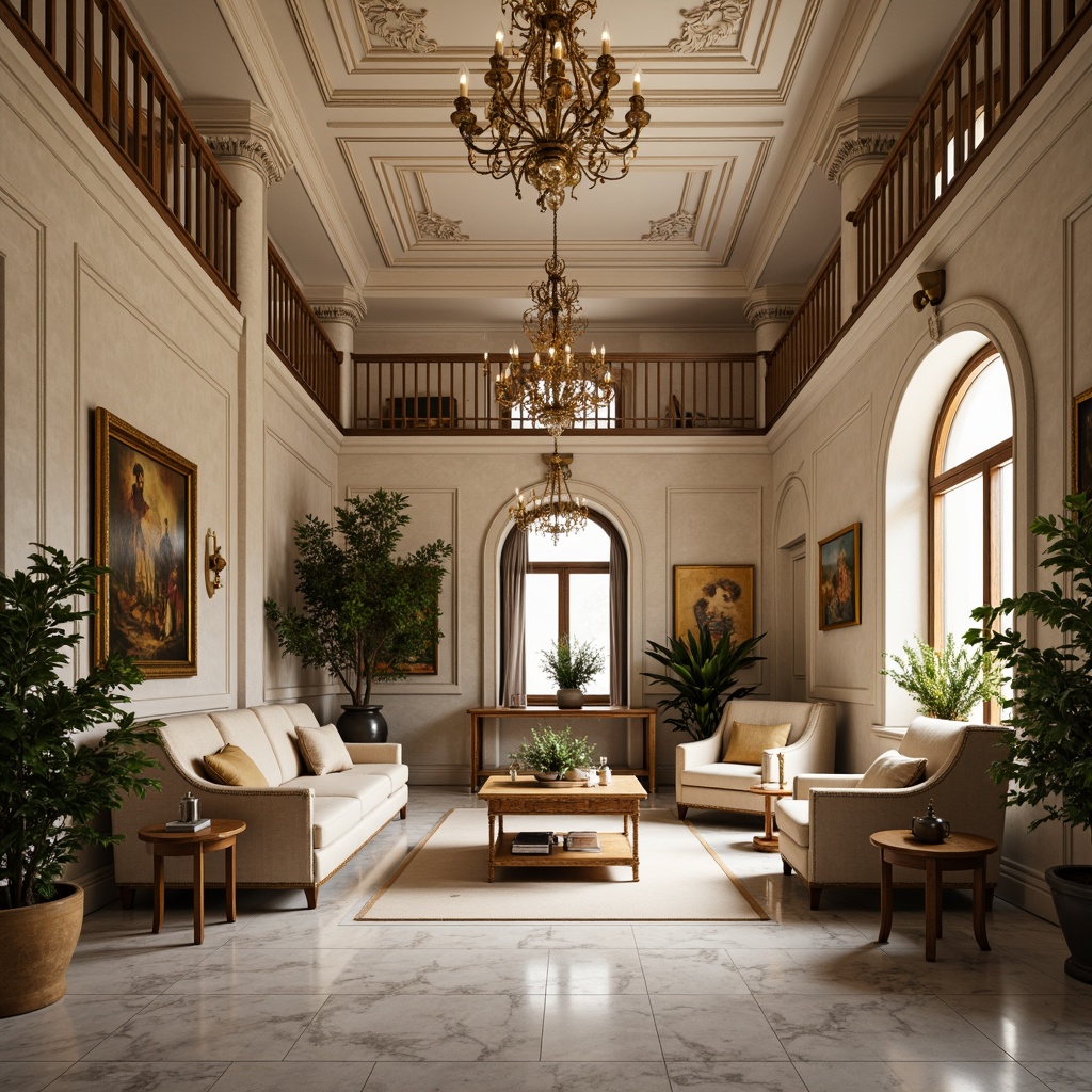 Prompt: Elegant neoclassical interior, symmetrical composition, ornate gold accents, marble floors, grand chandeliers, intricately carved wooden furniture, velvet upholstery, classical columns, archways, balconies, neutral color palette, soft warm lighting, subtle texture variations, shallow depth of field, 1/1 composition, central axis symmetry, refined decorative elements, luxurious atmosphere, sophisticated ambiance.