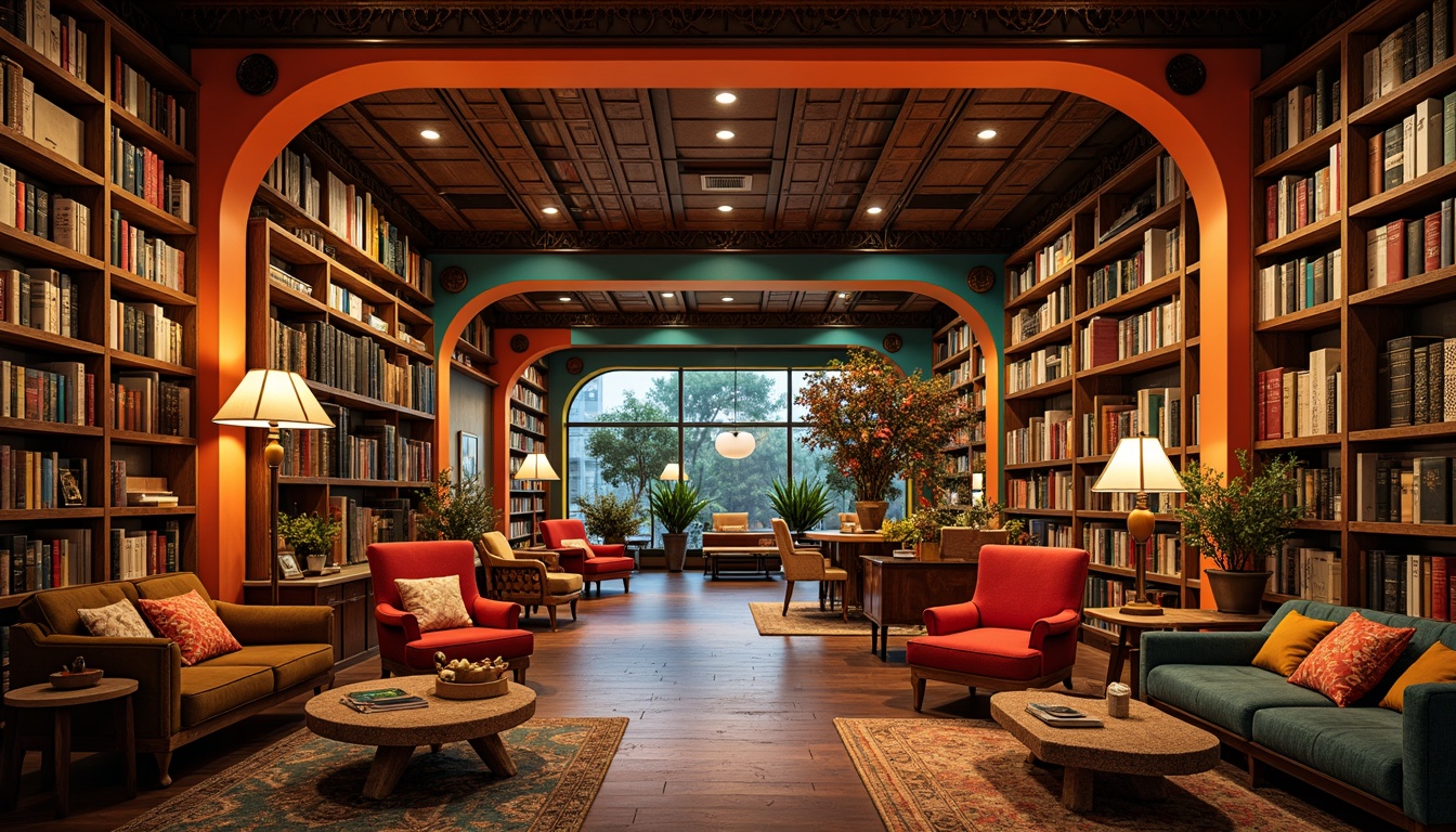 Prompt: Vibrant bookstore interior, rich wood tones, expressive curved lines, bold colorful accents, eclectic mix of vintage and modern furniture pieces, plush velvet armchairs, reclaimed wooden shelves, decorative metalwork, ornate lamps, whimsical book displays, floor-to-ceiling bookcases, cozy reading nooks, warm atmospheric lighting, dramatic shadows, 1/1 composition, shallow depth of field, cinematic angles, intricate textures, ambient occlusion.