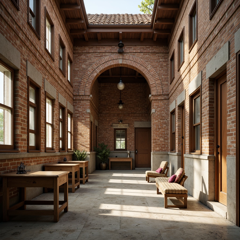 Prompt: Rustic middle school building, exposed brick walls, weathered wooden accents, earthy brown tones, natural stone foundations, decorative metal trims, ornate roof tiles, vintage-inspired signage, distressed concrete floors, eclectic mix of textures, warm beige colors, soft diffused lighting, shallow depth of field, 1/1 composition, intimate close-up shots, realistic renderings, subtle ambient occlusion.