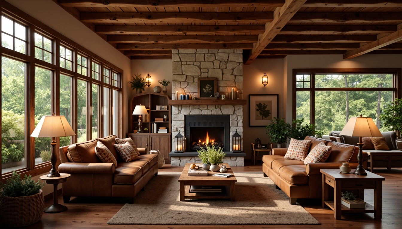 Prompt: Cozy Craftsman-style living room, warm wooden accents, rich leather furniture, earthy color palette, natural stone fireplace, rustic wooden beams, soft warm lighting, table lamps with linen shades, floor lamps with bronze finishes, pendant lights with seeded glass, candlelight ambiance, dimmable LED lights, layered lighting effects, intimate atmosphere, comfortable reading nooks, plush area rugs, woven baskets, vintage decorative items, natural textiles, organic shapes, inviting window seats, lush greenery views, sunny afternoon light, soft focus photography, 1/1 composition.