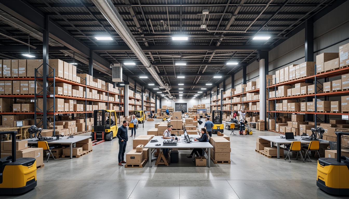 Prompt: Functional distribution center, industrial interior design, metal shelving units, storage racks, pallet jacks, forklifts, conveyor belts, packing stations, shipping desks, ergonomic workstations, task lighting, concrete flooring, exposed ductwork, high ceilings, open layout, efficient workflow, warehouse ambiance, softbox lighting, 1/2 composition, shallow depth of field, realistic textures.