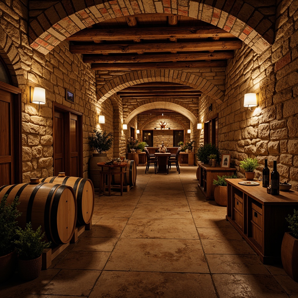 Prompt: Rustic wine cellar, stone walls, brick arches, wooden barrels, oak casks, dim warm lighting, earthy aroma, traditional winemaking equipment, vintage wine bottles, natural stone floors, rustic wood accents, wrought iron decor, soft candlelight, cozy atmosphere, old world charm, Mediterranean-inspired architecture, curved staircases, underground tunnels, hidden chambers, rich wood tones, aged stonework, nostalgic ambiance.