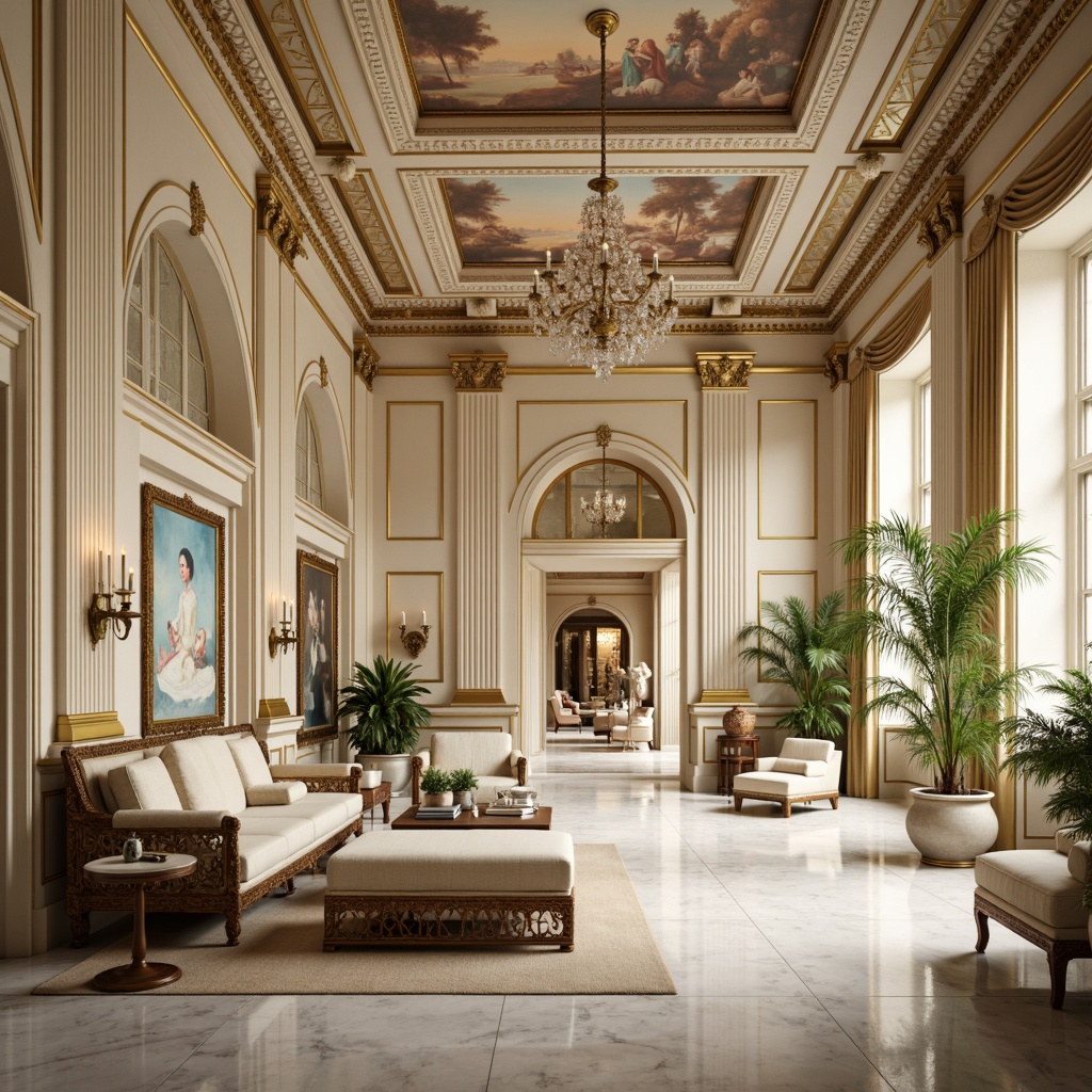 Prompt: Luxurious neoclassical interior, rich ornate details, creamy white marble, warm beige walls, golden accents, soft velvet fabrics, intricately carved wooden furniture, crystal chandeliers, subtle mint green undertones, elegant cream-colored drapery, sophisticated bronze hardware, lavish fresco ceilings, warm candlelight, shallow depth of field, 1/1 composition, realistic textures, ambient occlusion.