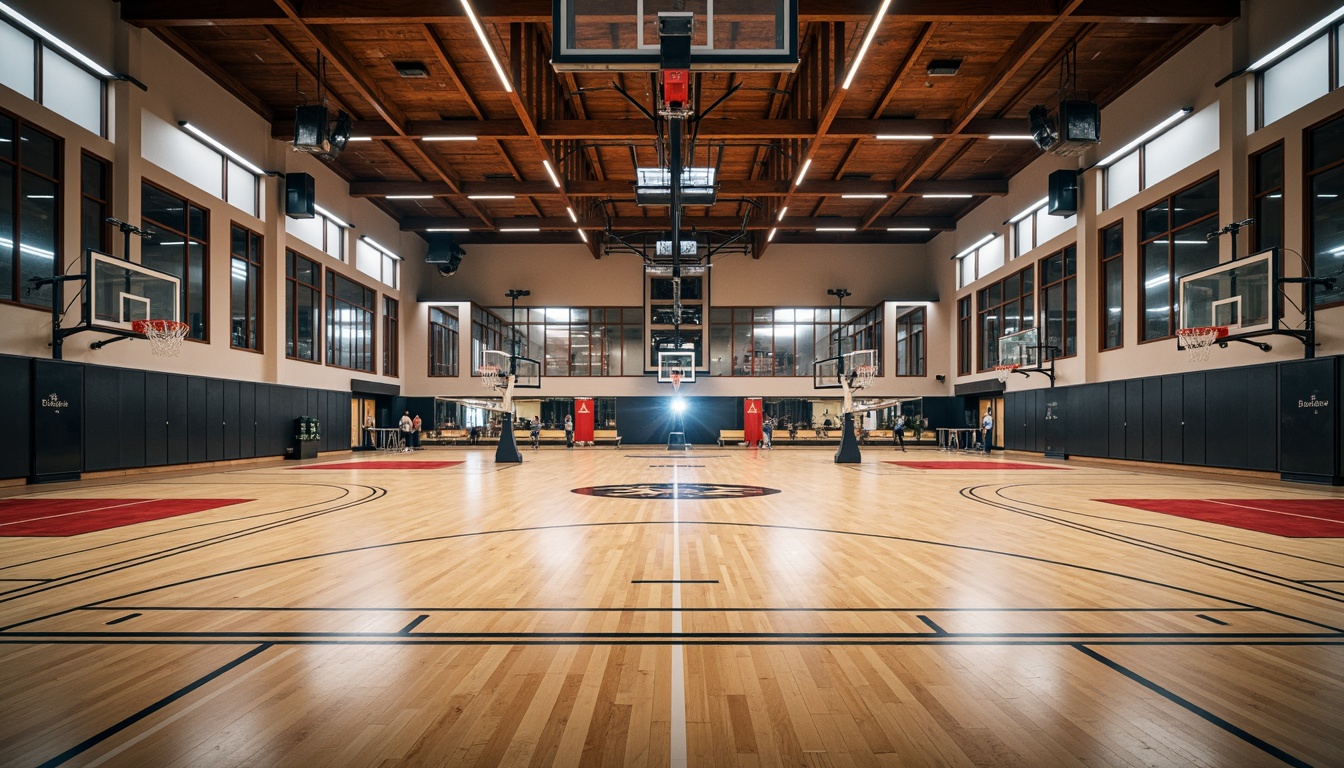 Prompt: Modern gymnasium interior, high ceilings, polished wooden floors, athletic tracks, basketball hoops, exercise equipment, mirrored walls, bright LED lighting, warm color temperatures, indirect ambient lighting, suspended linear fixtures, overhead spotlights, high-bay industrial lamps, dynamic shadows, 1/2 composition, shallow depth of field, realistic reflections, atmospheric glow.Please let me know if this meets your requirements!