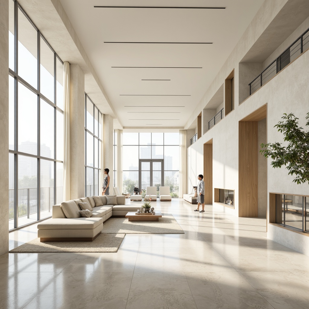 Prompt: Monochromatic color scheme, soft creamy whites, warm beige tones, light gray accents, industrial metallic textures, minimalist ornamentation, sleek low-profile furniture, polished marble floors, floor-to-ceiling windows, natural daylight, subtle gradient effects, atmospheric misting, 1/1 composition, shallow depth of field, realistic reflections, ambient occlusion.