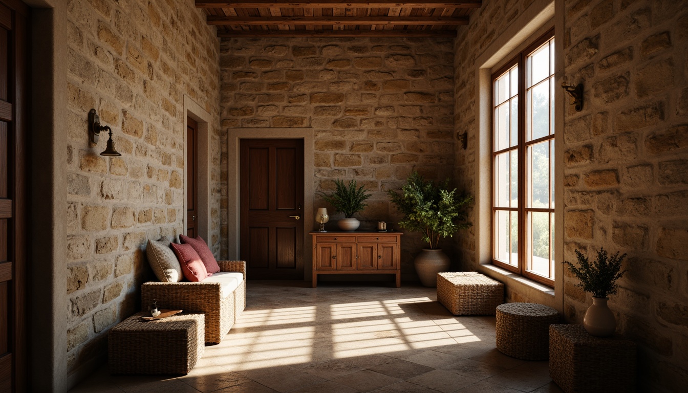 Prompt: Textured walls, rustic stone surfaces, earthy color palette, natural stonework, ornate wooden accents, distressed finishes, vintage decorative elements, warm ambient lighting, cozy intimate atmosphere, shallow depth of field, 1/1 composition, realistic textures, ambient occlusion.