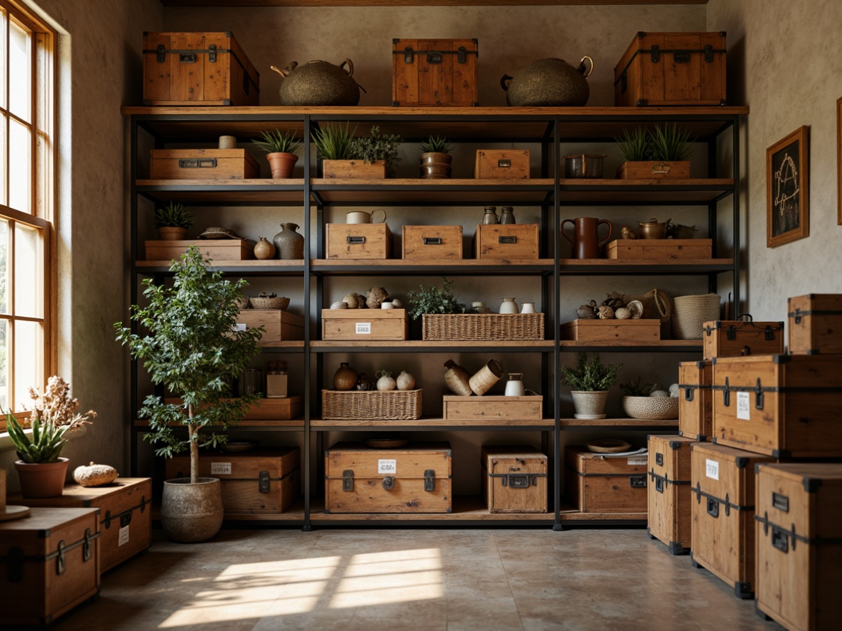 Prompt: Cozy storage room, industrial metal shelving, wooden crates, vintage trunks, earthy brown tones, soft beige walls, warm golden lighting, rustic wooden accents, distressed finishes, natural fiber textiles, woven baskets, practical labels, organized compartments, calm atmosphere, shallow depth of field, 1/1 composition, realistic textures.