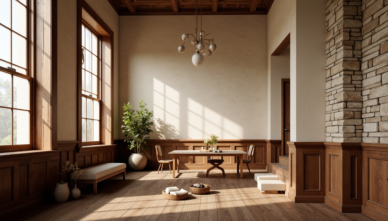 Prompt: \Rustic stone walls, distressed wood panels, warm beige stucco, soft cream-colored plaster, ornate moldings, classic wainscoting, rich walnut flooring, subtle texture variations, earthy color palette, natural light pouring in, shallow depth of field, 1/2 composition, intimate atmosphere, realistic material representations, ambient occlusion.\