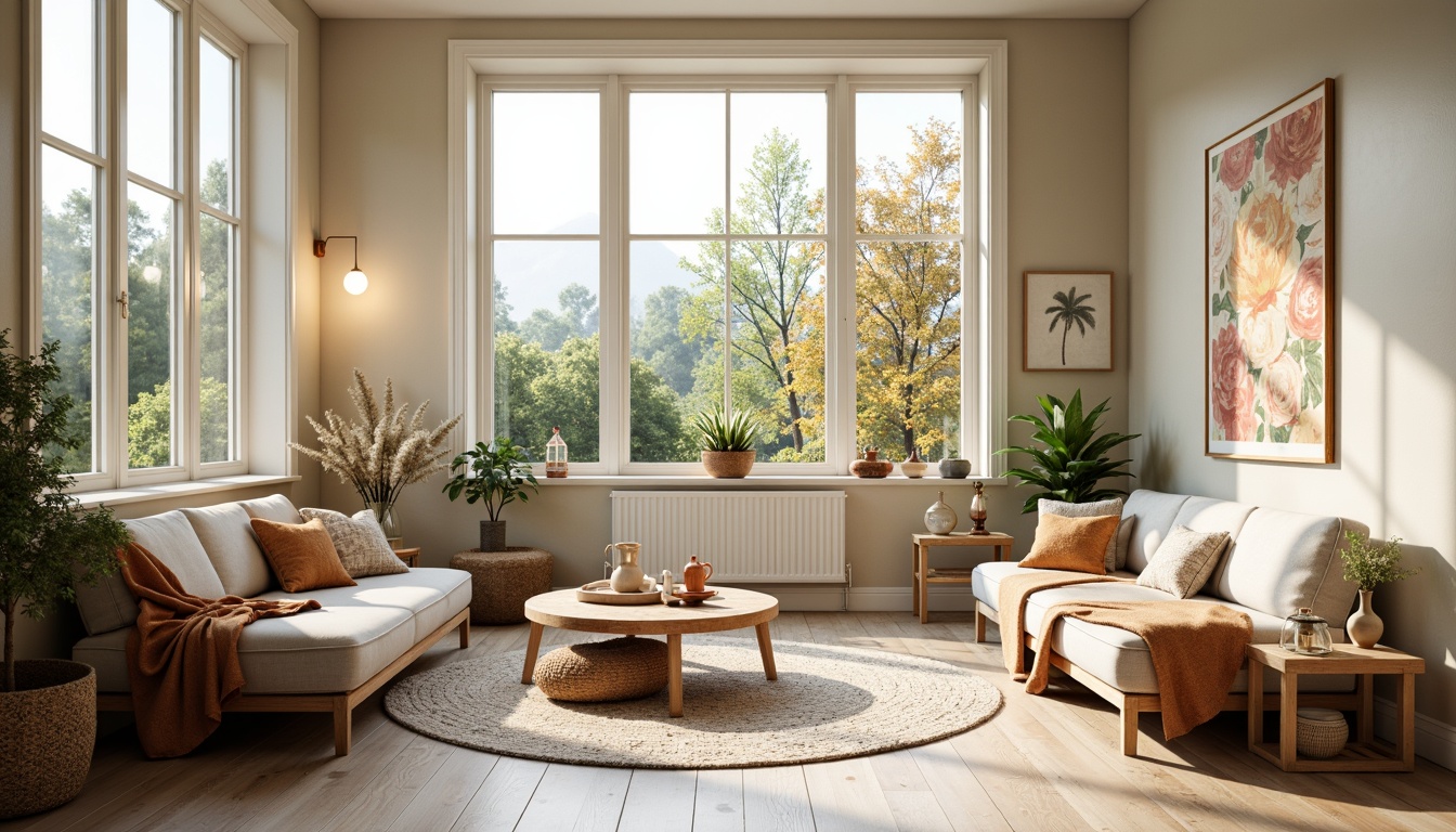 Prompt: Cozy Scandinavian living room, large windows, soft warm natural light, wooden floors, minimal decor, pastel color palette, comfortable furniture, lush greenery, blooming flowers, calm atmosphere, gentle shadows, 1/1 composition, realistic textures, ambient occlusion, morning sunlight, Nordic-inspired patterns, woven textiles, nature-inspired accents.