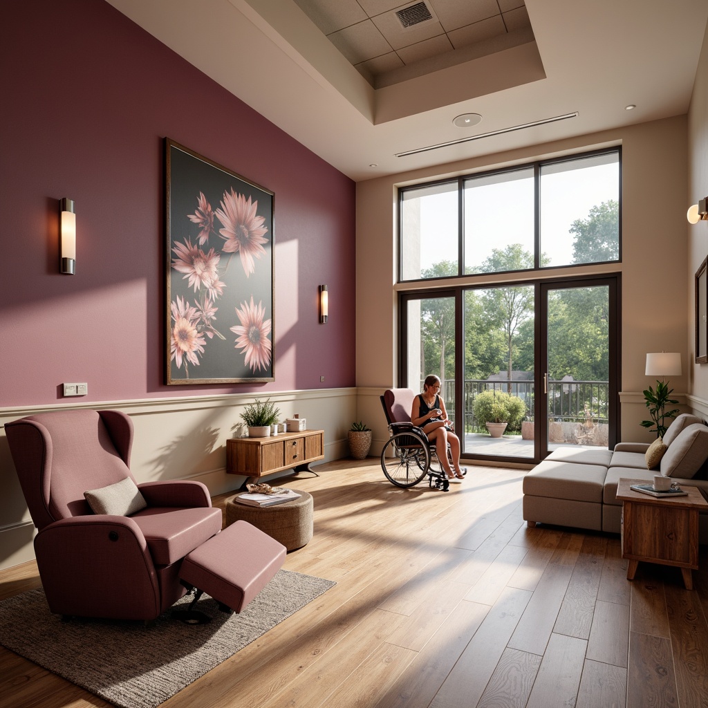 Prompt: Rich plum accents, soothing mauve hues, calming burgundy tones, warm beige walls, comfortable rehabilitation furniture, ergonomic wheelchairs, medical equipment, natural wood floors, large windows, soft diffused lighting, shallow depth of field, 1/1 composition, realistic textures, ambient occlusion, peaceful atmosphere, serene ambiance, gentle color transitions, subtle gradient effects.