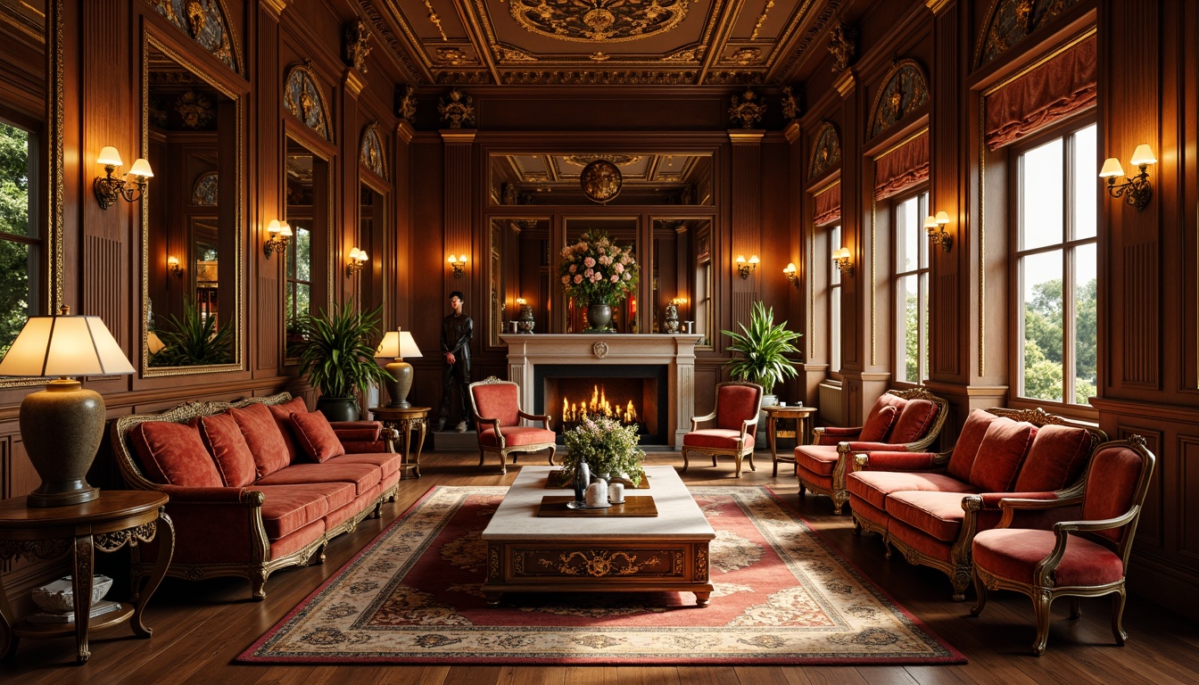 Prompt: Renaissance-style palace, ornate furnishings, rich velvet fabrics, intricately carved wooden chairs, gilded mirrors, luxurious tufted sofas, elegant marble coffee tables, ornamental vases, classical sculptures, warm golden lighting, shallow depth of field, 2/3 composition, soft focus, realistic textures, ambient occlusion.