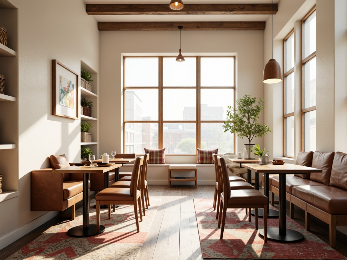 Prompt: Minimalist breakfast nook, sleek wooden tables, leather-upholstered chairs, geometric-patterned rugs, industrial metal lighting fixtures, functional built-in shelving, creamy white walls, large windows, natural light pouring in, warm morning atmosphere, soft focus, 1/1 composition, realistic textures, ambient occlusion, angular lines, primary color accents, tubular steel frames, woven wicker baskets, simple ceramic vases, abstract artwork, subtle shadows, gentle bokeh.