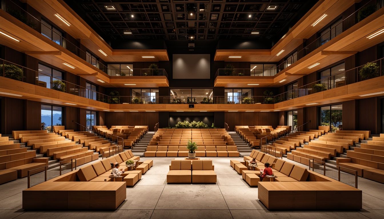 Prompt: Modern auditorium interior, curved wooden seating, tiered levels, rich wood tones, warm atmospheric lighting, sound-absorbing acoustic panels, geometric patterns, sleek metal railings, minimalist design, professional audio equipment, large projection screens, natural stone flooring, glass balconies, subtle color scheme, soft cushioning, comfortable ergonomics, 1/2 composition, shallow depth of field, realistic textures, ambient occlusion.