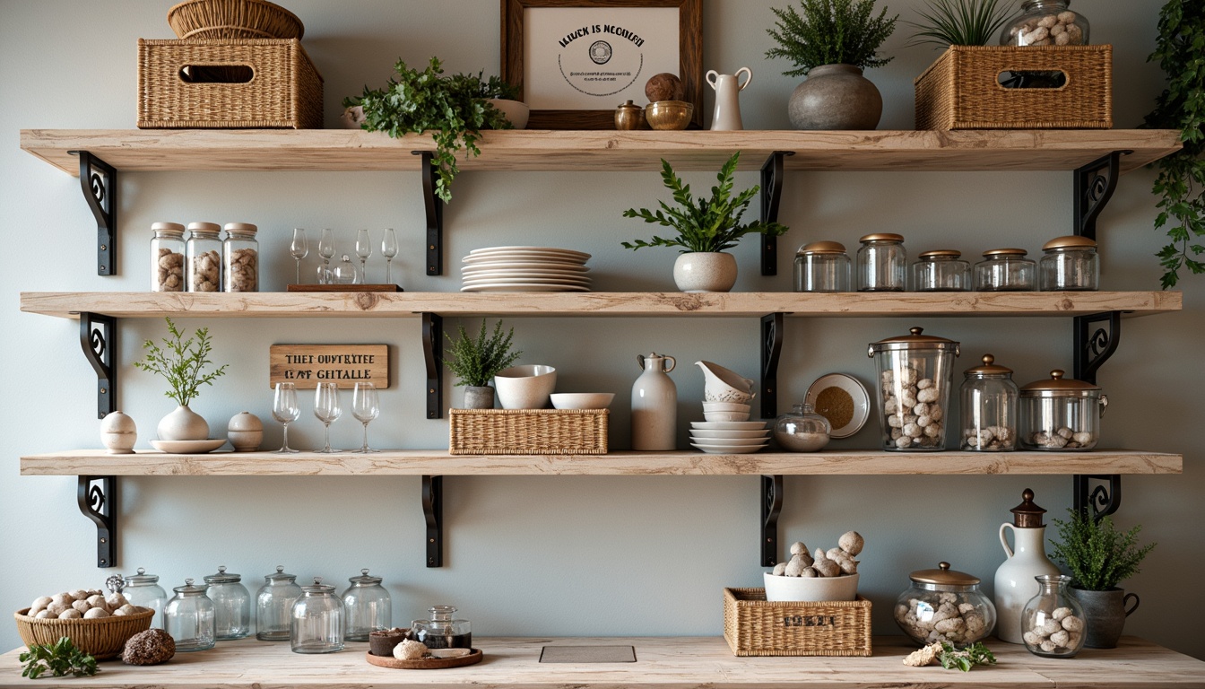 Prompt: Distressed wooden shelves, vintage metal brackets, ornate corbels, soft pastel colors, distressed finishes, rustic wooden crates, woven baskets, floral patterns, lace trimmings, antique hardware, decorative metalwork, elegant glass jars, apothecary-style containers, mercury glass vases, faded signage, reclaimed wood accents, warm ambient lighting, soft focus, 1/1 composition, shallow depth of field, realistic textures.