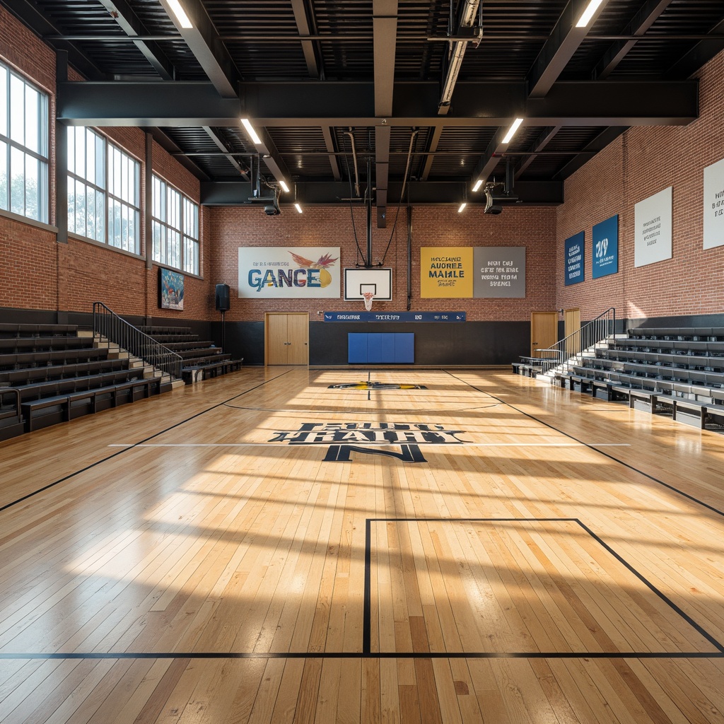 Prompt: Maple wood flooring, polished finish, athletic markings, basketball court lines, volleyball net, bleacher seating, educational insignia, motivational quotes, natural light, large windows, modern academic architecture, brick walls, steel beams, industrial style lighting, shallow depth of field, 3/4 composition, realistic textures, ambient occlusion.