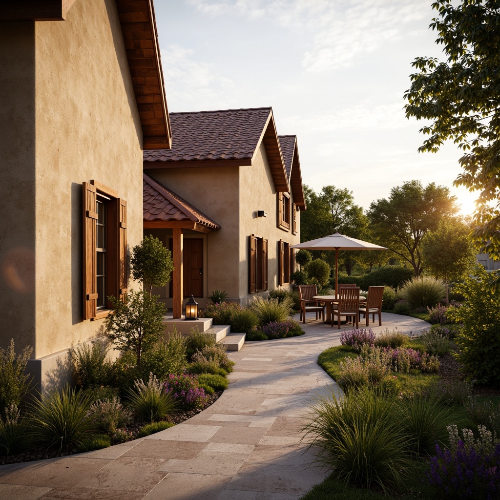 Prompt: Rustic community center, earthy tone walls, textured stucco finish, wooden accents, traditional pitched roof, clay tile roofing, warm beige color scheme, natural stone pathways, lush greenery, vibrant flowers, cozy outdoor seating areas, lantern-style lighting, warm sunset ambiance, soft focus blur, 1/1 composition, realistic textures, ambient occlusion.