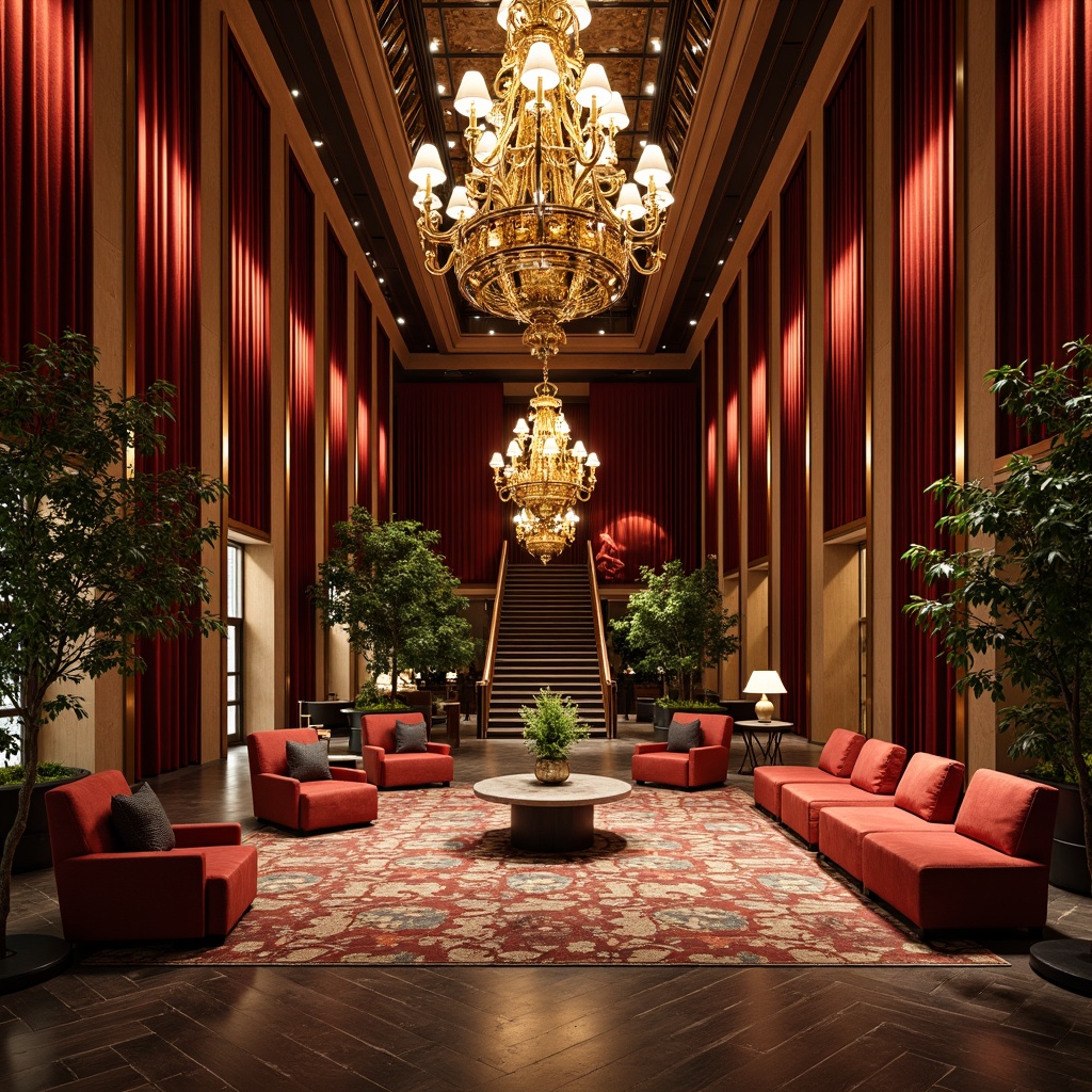 Prompt: Luxurious hotel lobby, rich velvet drapes, ornate golden chandeliers, intricately patterned rugs, plush sofas, wooden paneling, classic furniture, opulent fabrics, heavy curtains, majestic staircases, crystal fixtures, warm ambient lighting, soft focus photography, shallow depth of field, 1/2 composition, realistic textures, subtle grain.