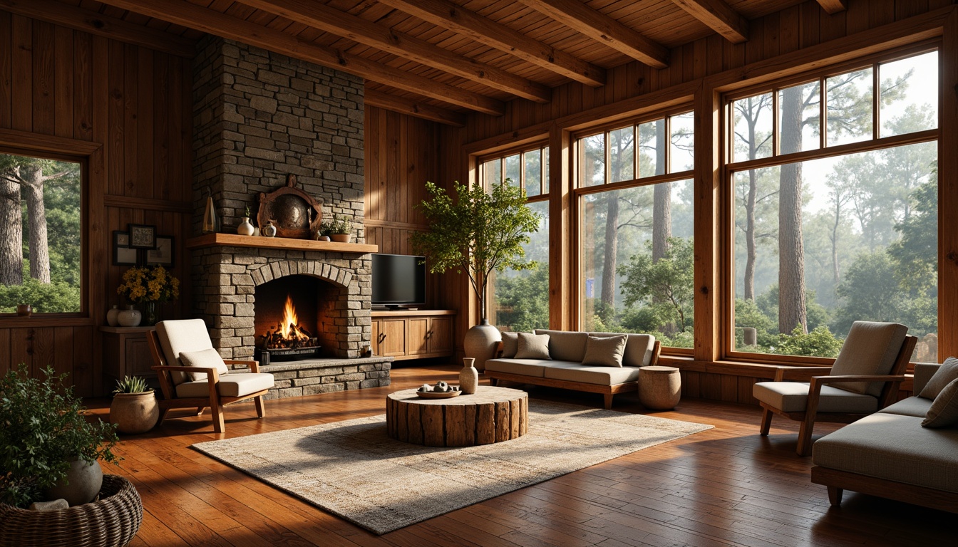 Prompt: Rustic wooden cabins, natural stone walls, earthy terracotta floors, reclaimed wood accents, vintage metal decorations, distressed finishes, cozy fireplaces, plush furnishings, warm ambient lighting, shallow depth of field, 1/1 composition, realistic textures, ambient occlusion, serene forest surroundings, misty morning atmosphere, soft warm sunlight, gentle breeze.