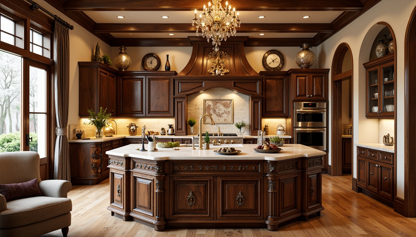 Prompt: Ornate kitchen island, intricately carved wooden cabinets, golden hardware, luxurious marble countertops, ornamental range hood, crystal chandelier, rich velvet upholstery, curved lines, gilded accents, opulent furnishings, lavish decorations, dramatic lighting, warm beige walls, polished hardwood floors, elegant archways, sophisticated color palette, highly detailed carvings, lavish ornamentation, 3/4 composition, shallow depth of field, soft warm lighting.