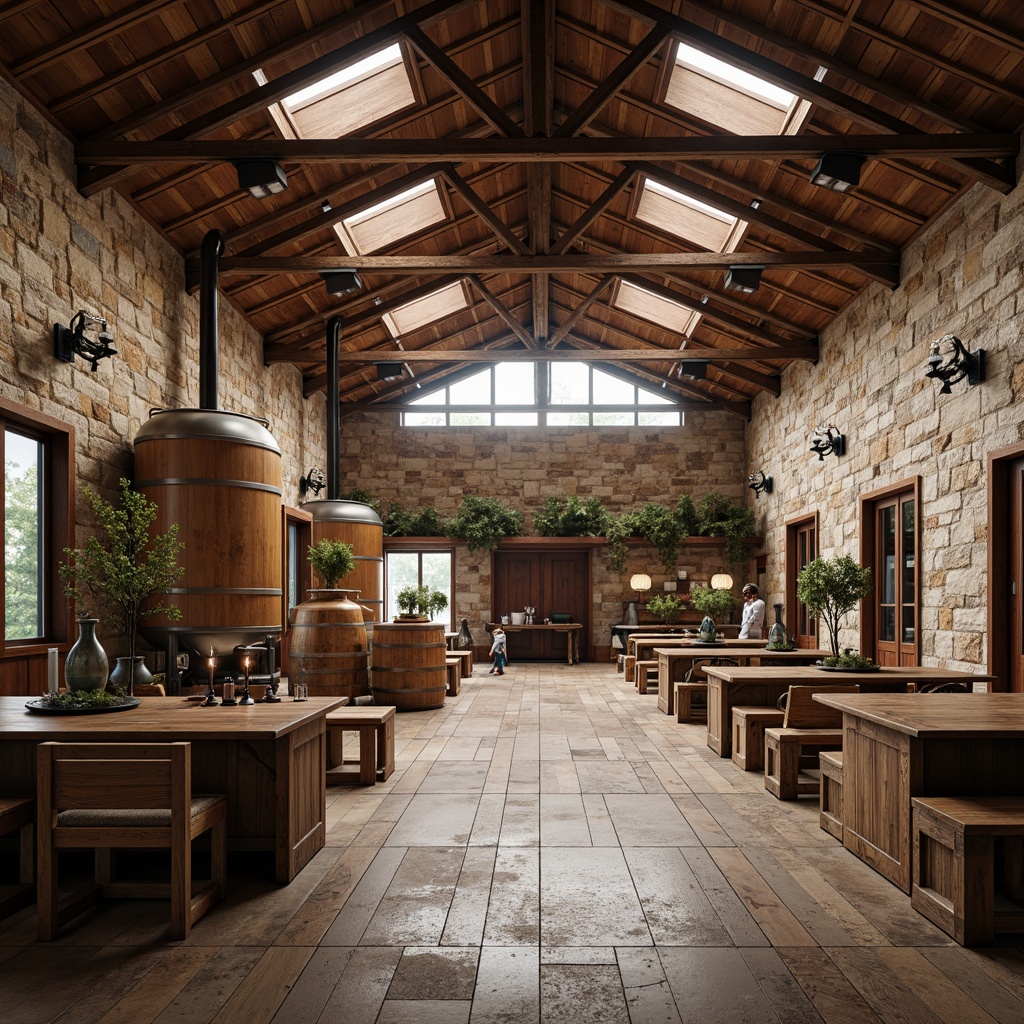 Prompt: Rustic winery interior, exposed wooden beams, industrial metal accents, vintage wine barrels, stone walls, earthy color palette, natural textures, reclaimed wood flooring, metal lanterns, pendant lighting, wooden crates, wine-making equipment, fermentation tanks, modern minimalist decor, urban loft ambiance, high ceilings, skylights, warm soft lighting, shallow depth of field, 2/3 composition, realistic render, ambient occlusion.