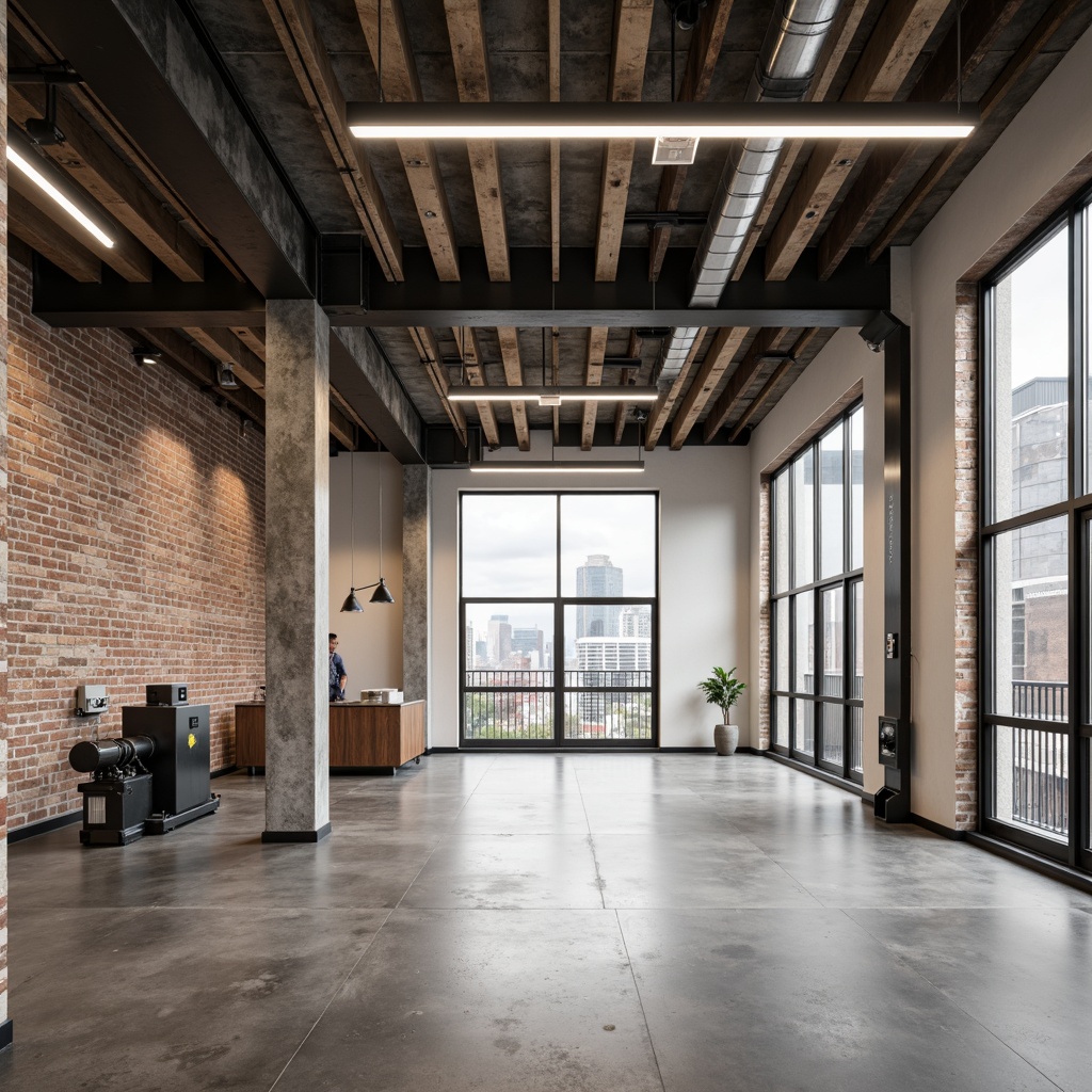 Prompt: Exposed brick walls, industrial metal beams, polished concrete floors, minimalist machinery, functional pipes, modern LED lighting, neutral color scheme, beige tones, gray accents, white walls, black steel frames, large windows, natural ventilation, urban cityscape, cloudy sky, soft diffused light, shallow depth of field, 2/3 composition, realistic textures, ambient occlusion.