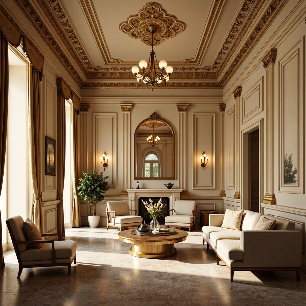 Prompt: Elegant neoclassical interior, rich wood tones, ornate moldings, cream-colored walls, soft golden lighting, velvet upholstery, intricate patterns, subtle sheen, marble flooring, ornamental ceilings, lavish chandeliers, symmetrical compositions, warm beige tones, refined bronze accents, sophisticated color harmony, 1/2 composition, shallow depth of field, soft focus, realistic textures.