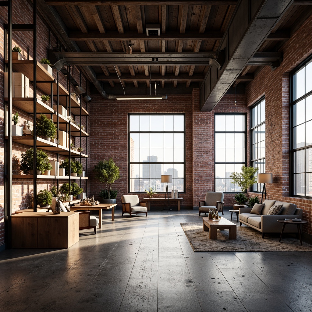 Prompt: Exposed brick walls, industrial metal beams, reclaimed wood floors, minimalist decor, modern warehouse lighting, sleek metal furniture, functional shelving units, open-plan layout, high ceilings, natural ventilation, urban cityscape views, converted warehouse architecture, rustic-chic atmosphere, warm ambient lighting, shallow depth of field, 3/4 composition, realistic textures, ambient occlusion.