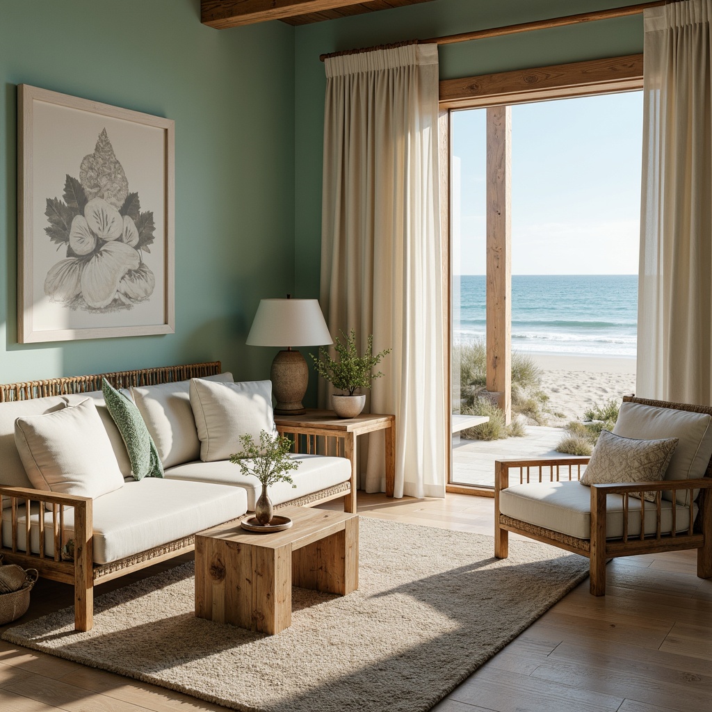 Prompt: Warm sandy beaches, driftwood accents, soft seafoam green walls, calming blue-gray hues, creamy white linens, natural woven fibers, rustic wooden furniture, nautical rope details, ocean-inspired artwork, subtle shell patterns, beachy textures, warm sunny lighting, shallow depth of field, 1/2 composition, relaxed atmosphere, cozy ambiance.