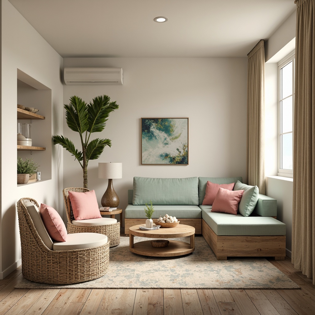 Prompt: Coastal apartment interior, soft calming colors, ocean-inspired hues, sandy beige walls, seafoam green accents, driftwood gray furniture, coral pink decorative accessories, natural textiles, woven sea grass patterns, rustic wooden floors, distressed finishes, nautical rope details, subtle shell motifs, ocean breeze ambiance, warm sunny lighting, shallow depth of field, 1/1 composition, realistic textures, ambient occlusion.