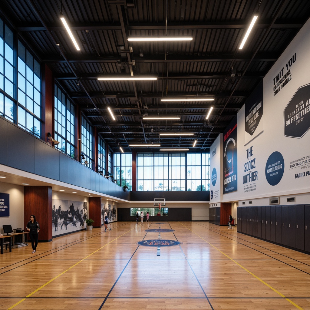 Prompt: Modern gymnasium interior, sleek walls, bold color schemes, dynamic textures, metallic accents, LED lighting strips, urban industrial chic, polished concrete floors, minimalist decor, motivational quotes, sports-themed murals, geometric patterns, 3D wall panels, acoustic soundproofing, modern athletic equipment, state-of-the-art technology integration, high-contrast color blocking, dramatic ceiling heights, panoramic views, realistic reflections, ambient occlusion.