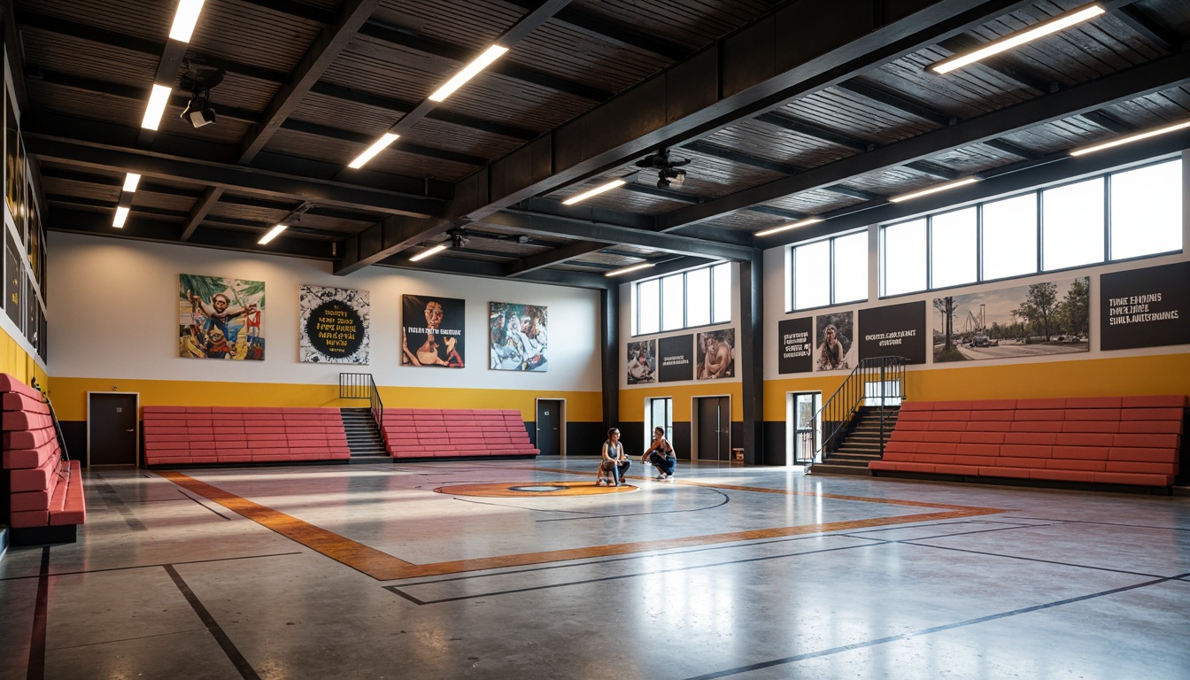 Prompt: Modern gymnasium interior, polished concrete floors, sleek metal beams, vibrant color accents, geometric patterned walls, 3D textured panels, LED light strips, minimalist bleacher seating, motivational quotes, athletic-themed artwork, industrial-chic decor, urban loft-inspired ambiance, high-ceiling windows, natural daylight pouring in, soft warm lighting, shallow depth of field, 2/3 composition, dynamic angular views, realistic metallic reflections, ambient occlusion.